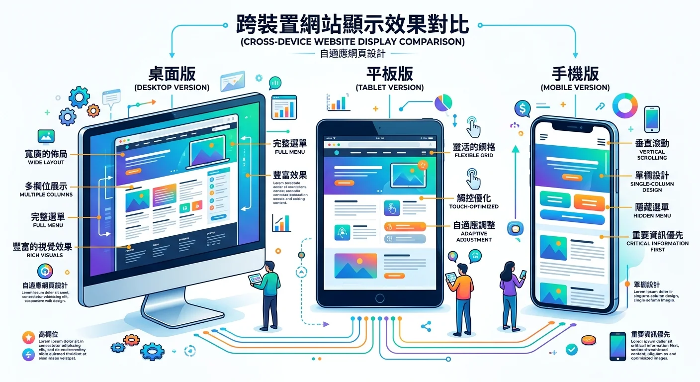同一個網站在桌面、平板、手機三種裝置上的顯示效果對比