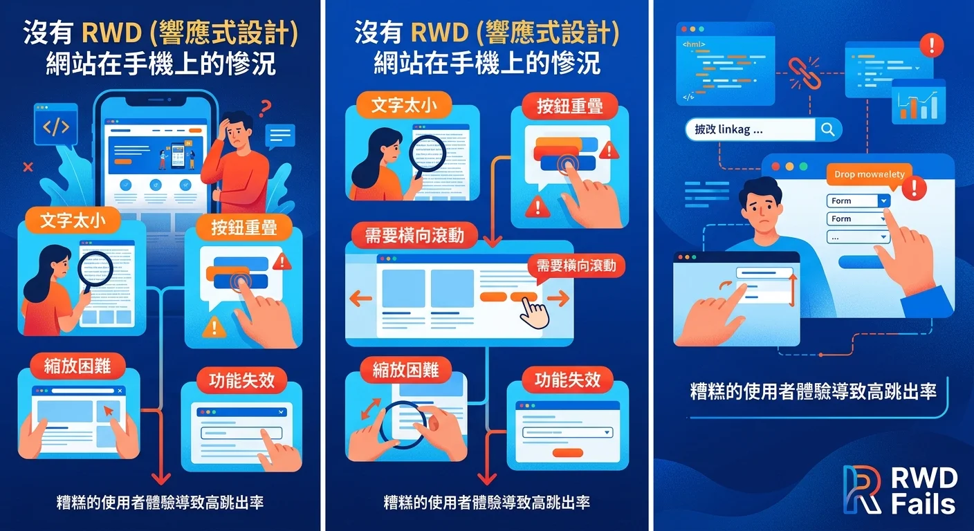 沒有 RWD 的網站在手機上的慘況（文字太小、按鈕重疊、需要橫向滾動）