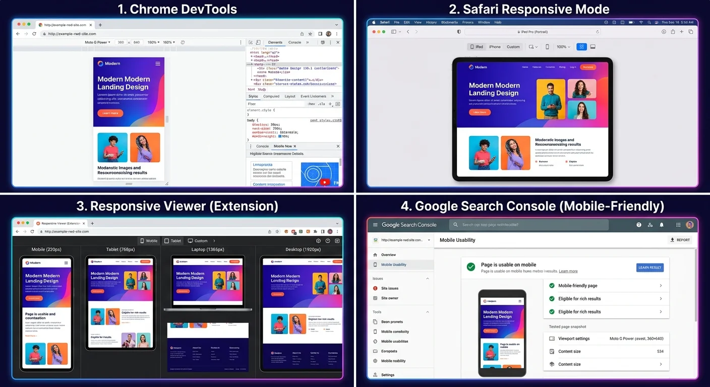 四種 RWD 測試工具的截圖拼貼