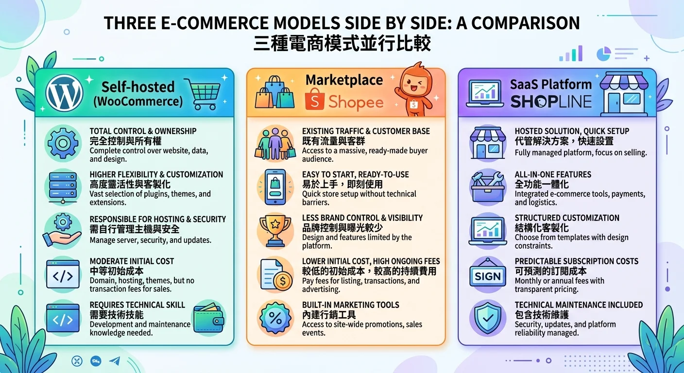 三種電商模式並排比較圖：自架電商（WooCommerce/Shopify）、平台電商（蝦皮/momo）、SaaS開店（SHOPLINE/91APP），每種標示特色