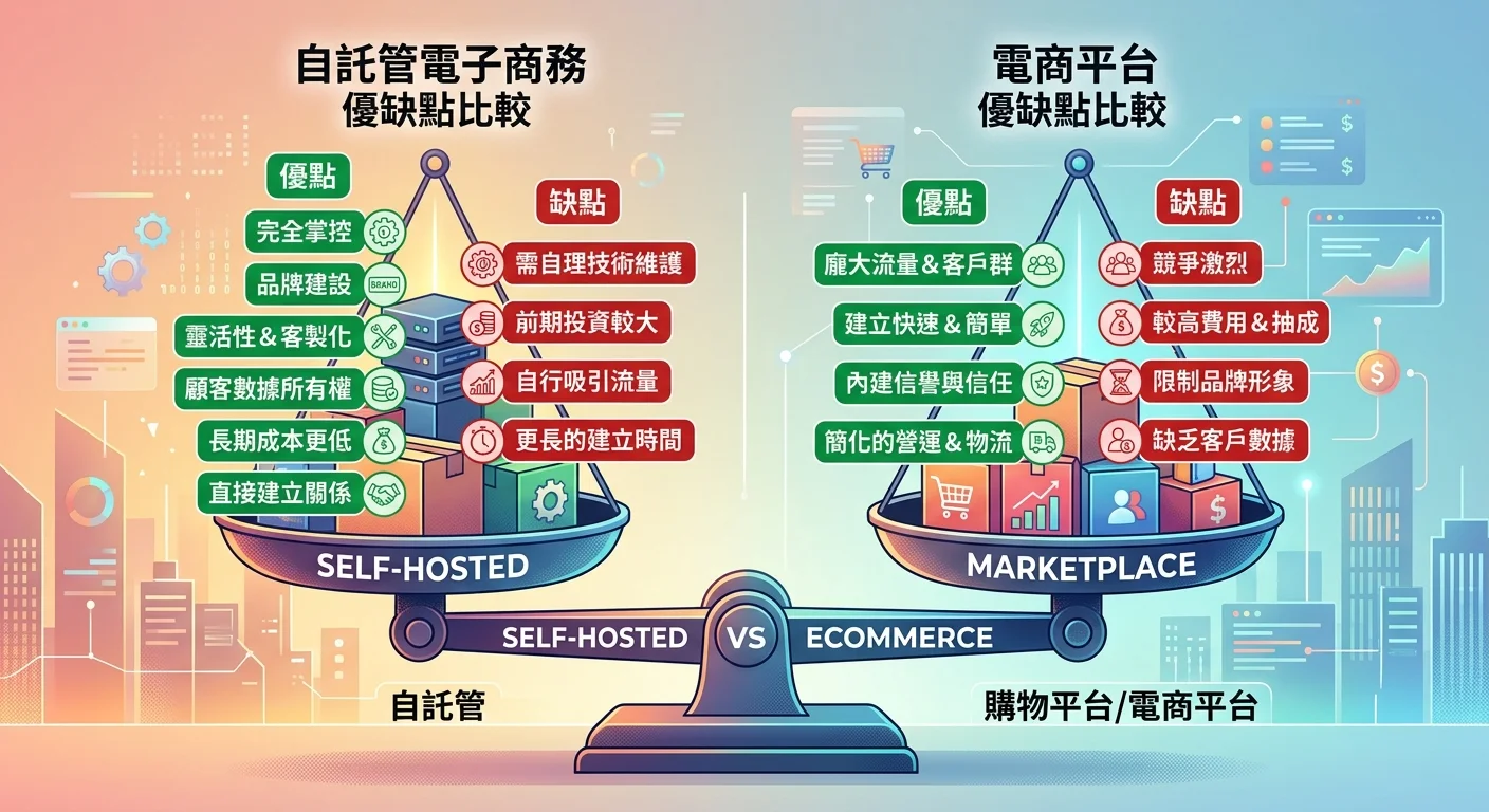 自架 vs 平台優劣勢天平圖，列出各自的核心優勢和劣勢，用紅綠色區分