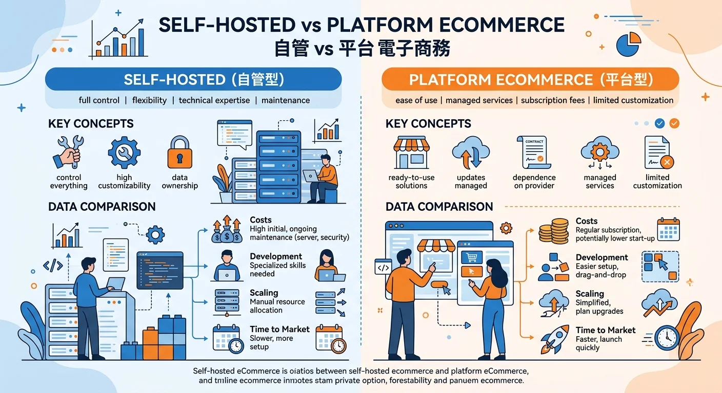 自架電商 vs 平台電商｜2026 年優缺點比較與選擇指南相關的視覺化資訊圖，展示核心概念與數據對比