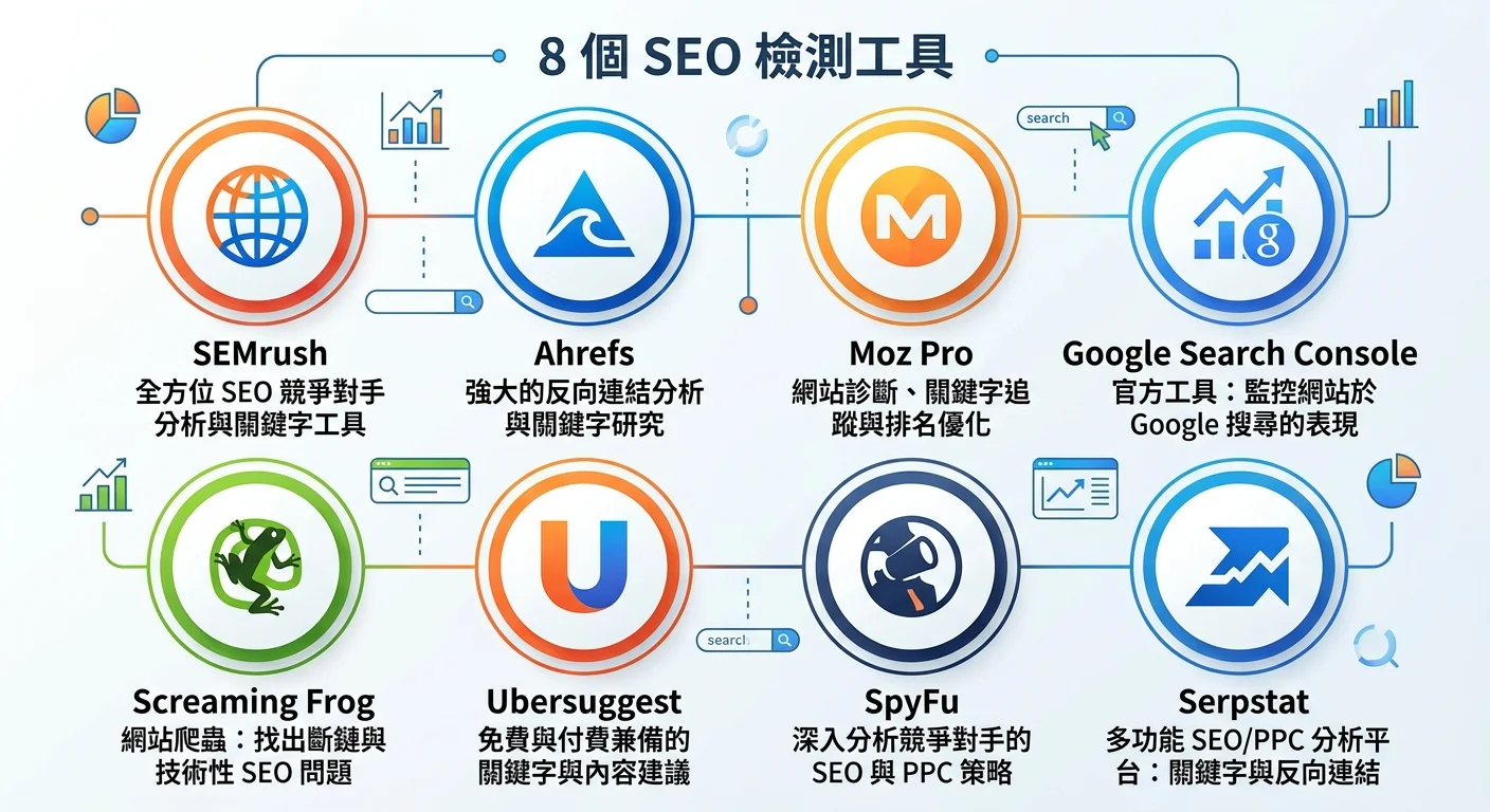 8 個 SEO 檢測工具的 Logo 排列在一起，以圓形或方形卡片呈現，每個卡片下方標註工具名稱和一句話功能描述