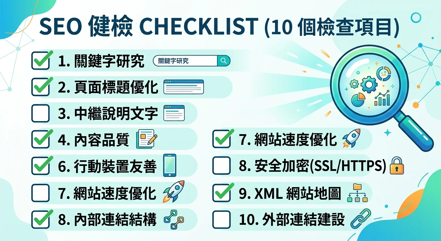 SEO 健檢 Checklist 圖，以勾選清單格式呈現 10 個檢查項目，部分已打勾、部分待勾選，旁邊有一個放大鏡圖示象徵檢查