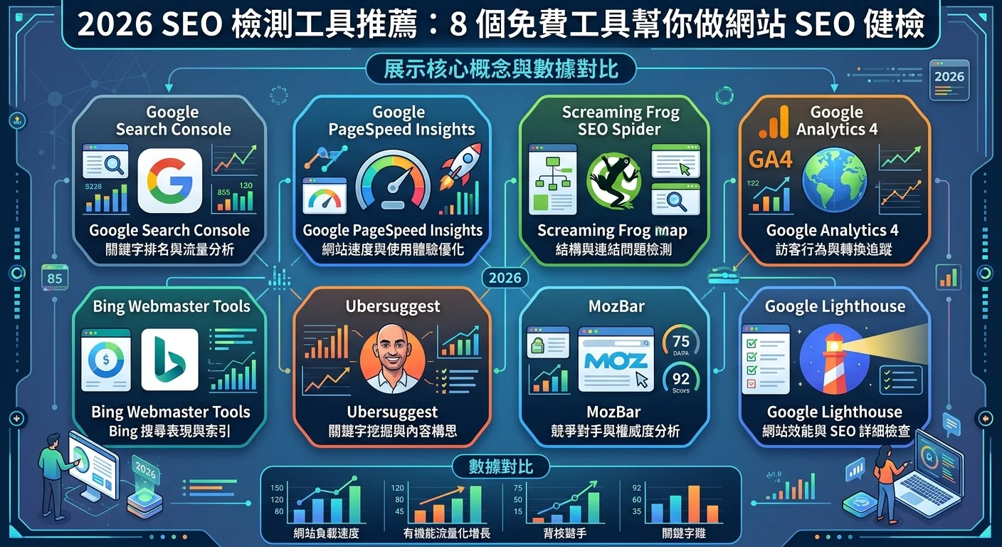 2026 SEO 檢測工具推薦：8 個免費工具幫你做網站 SEO 健檢相關的視覺化資訊圖，展示核心概念與數據對比