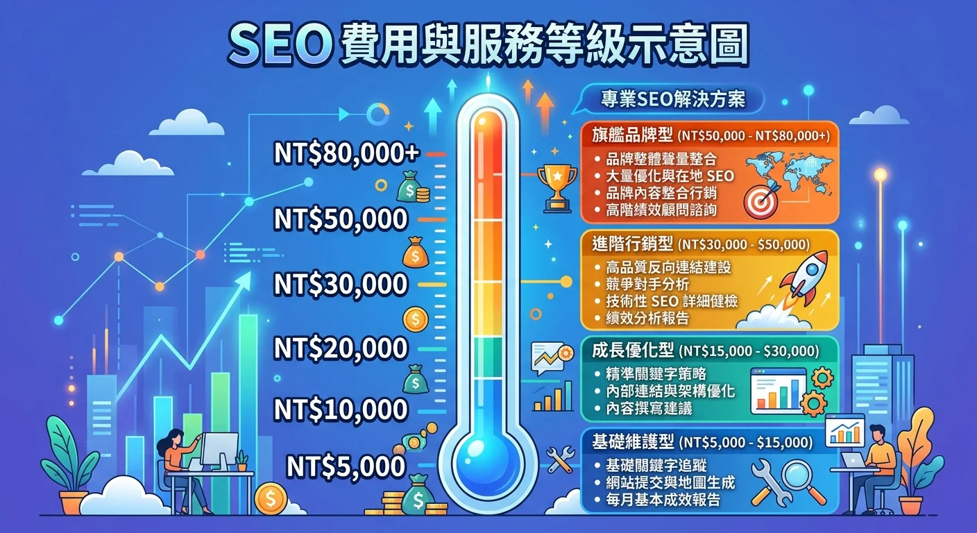 SEO 費用範圍示意圖，以溫度計或刻度尺的方式呈現從低到高的費用區間（NT$5,000 到 NT$80,000+），不同區間標註對應的服務等級