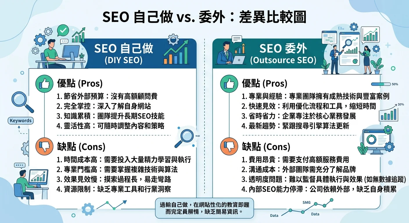 自做 SEO vs 外包 SEO 的優缺點比較表，左右兩欄分別列出自做和外包的優點和缺點，底部有一個「混合策略最佳」的建議
