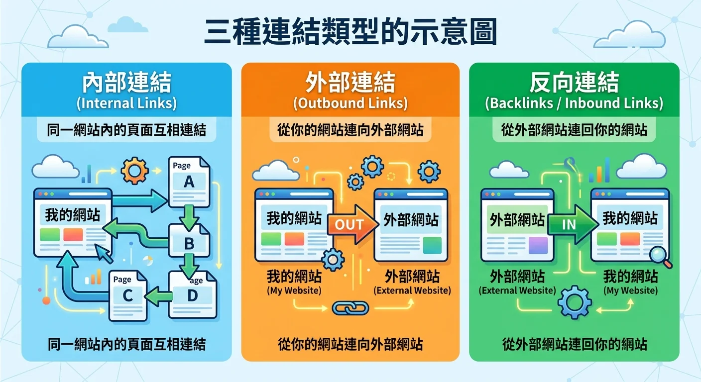 三種連結類型的示意圖，左側為內部連結（同一網站內的頁面互相連結），中間為外部連結（從你的網站連向外部網站），右側為反向連結（從外部網站連回你的網站），用箭頭清楚標示方向