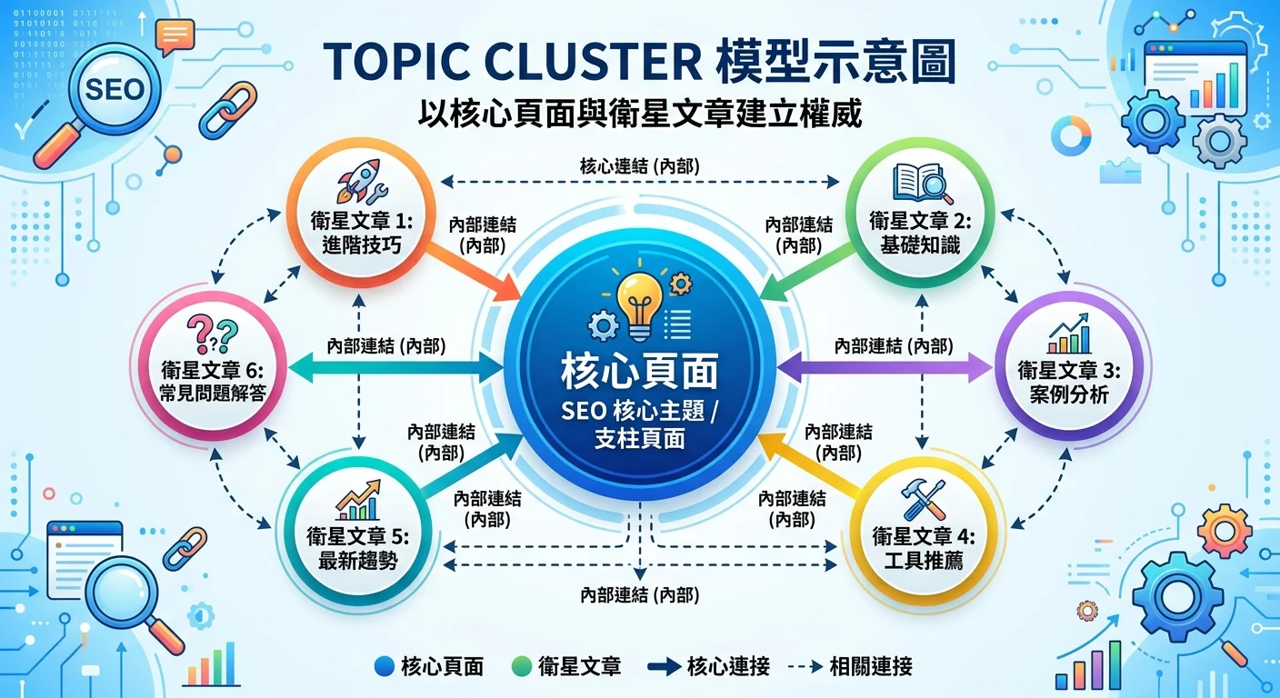 Topic Cluster 模型示意圖，中心為核心頁面（大圓），周圍環繞 6 篇衛星文章（小圓），每篇衛星文章都有連線連到核心頁面，衛星文章之間也有部分連線