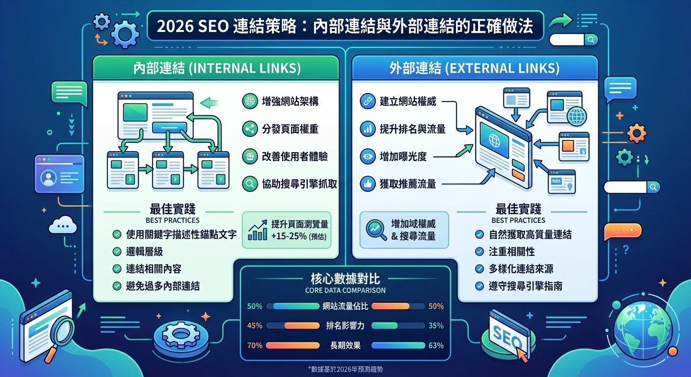 2026 SEO 連結策略：內部連結與外部連結的正確做法相關的視覺化資訊圖，展示核心概念與數據對比
