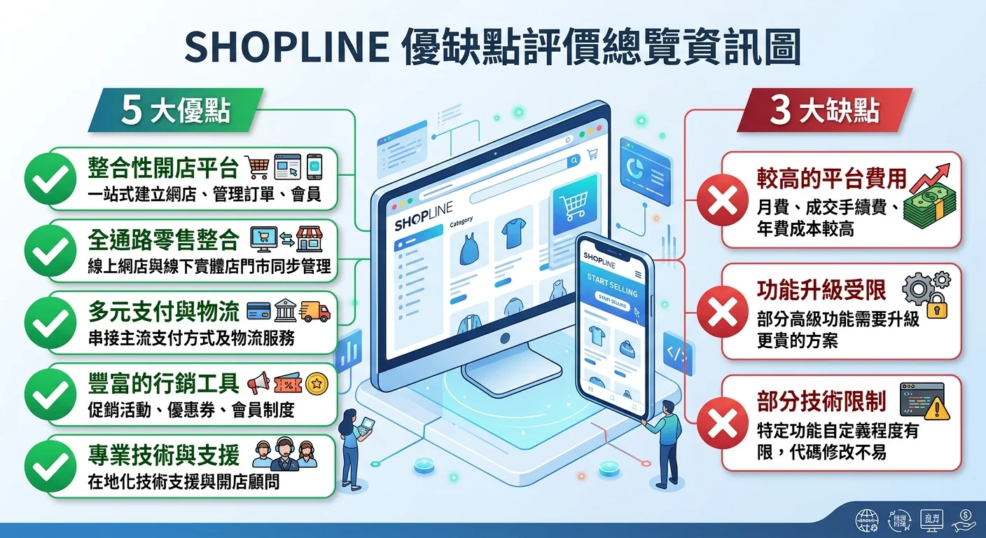 SHOPLINE 優缺點評價總覽資訊圖，左側列出 5 大優點（綠色打勾），右側列出 3 大缺點（紅色叉叉），中間是 SHOPLINE 平台介面的簡化示意圖