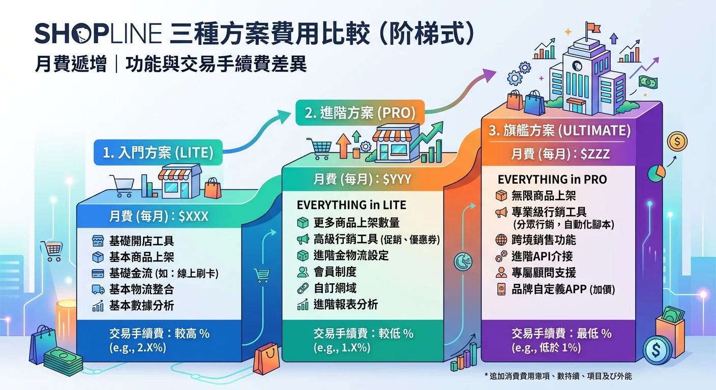 SHOPLINE 三種方案費用比較表格圖，以階梯式呈現入門→進階→旗艦的月費遞增，每階標示包含功能與交易手續費差異