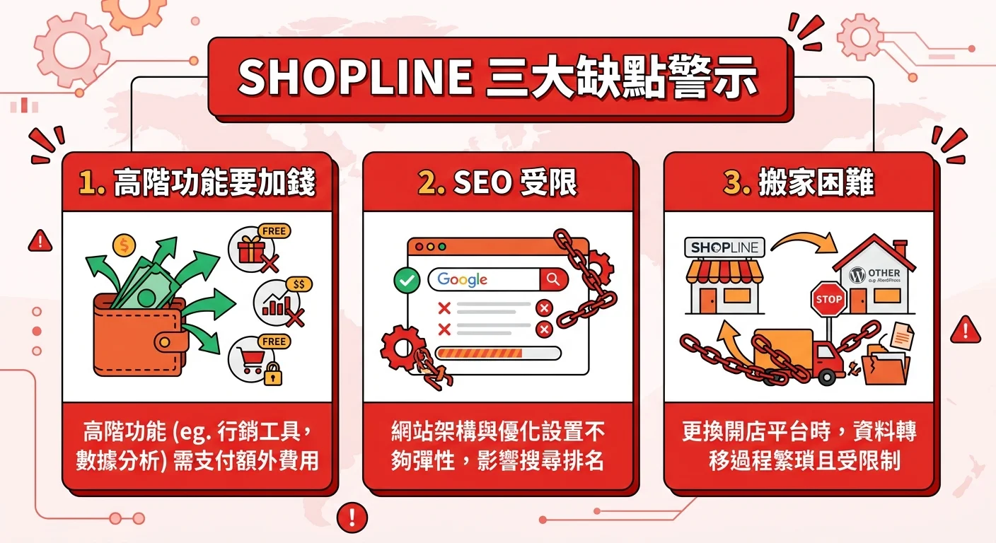 SHOPLINE 三大缺點警示圖，以紅色警示牌風格呈現三個缺點：「高階功能要加錢」「SEO 受限」「搬家困難」，每個搭配簡易圖示說明