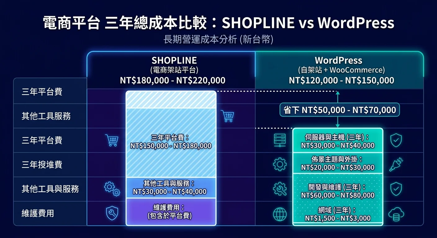 SHOPLINE vs WordPress 三年總成本比較長條圖，左側 SHOPLINE 長條較長（NT$180,000-220,000），右側 WordPress 長條較短（NT$120,000-150,000），差額部分以虛線標示並標注「省下 NT$50,000-70,000」