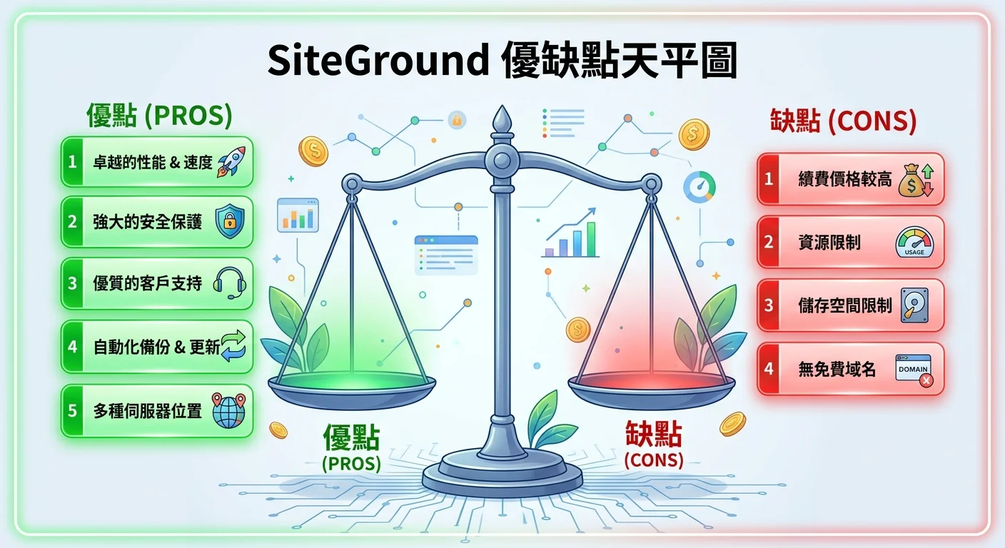 SiteGround 優缺點天平圖，左側列出五大優點（綠色），右側列出四大缺點（紅色），天平微微傾向優點側