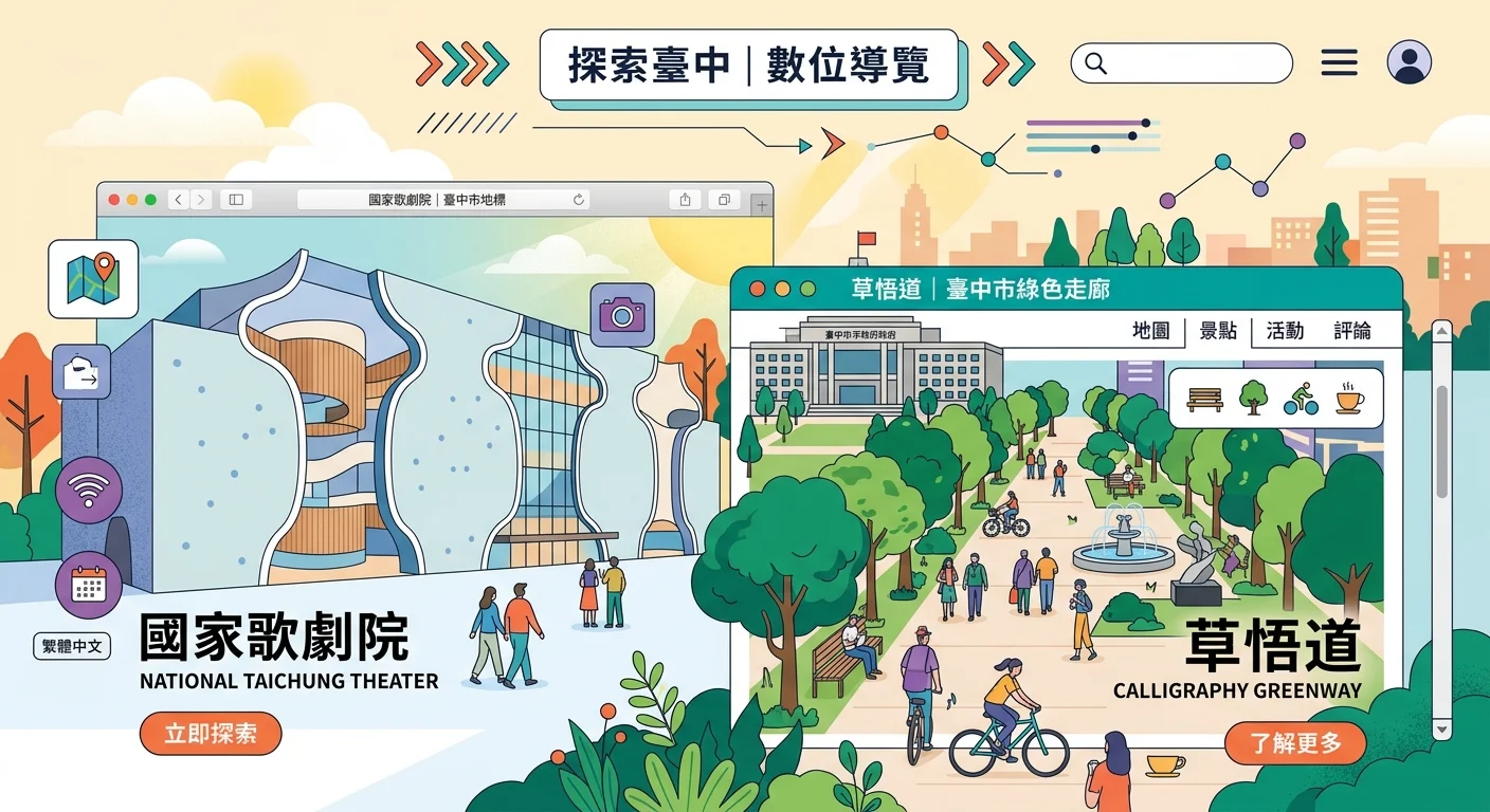 台中市地標（國家歌劇院、草悟道）結合網頁設計元素的扁平插畫