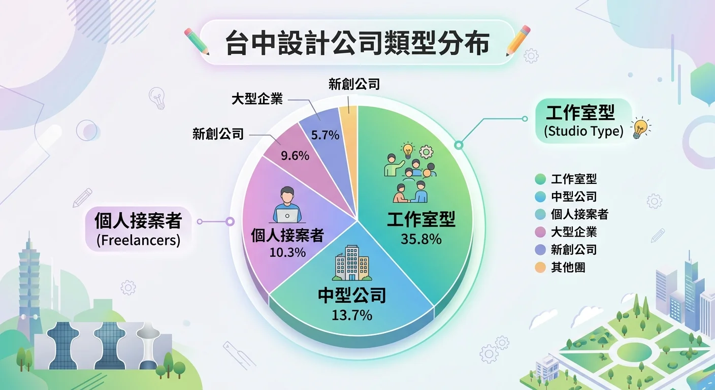 台中設計公司類型分布圓餅圖，工作室型佔比最高，其次是中型公司和個人接案者