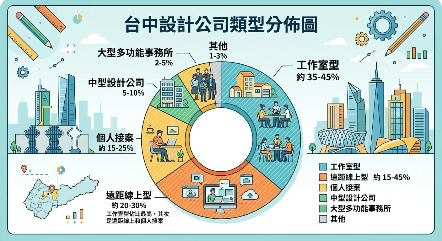 台中設計公司類型分布圖，工作室型佔比最高，其次是遠距線上和個人接案
