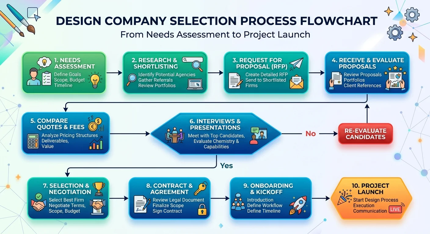 選擇設計公司的決策流程圖，從需求評估到比較報價到簽約上線