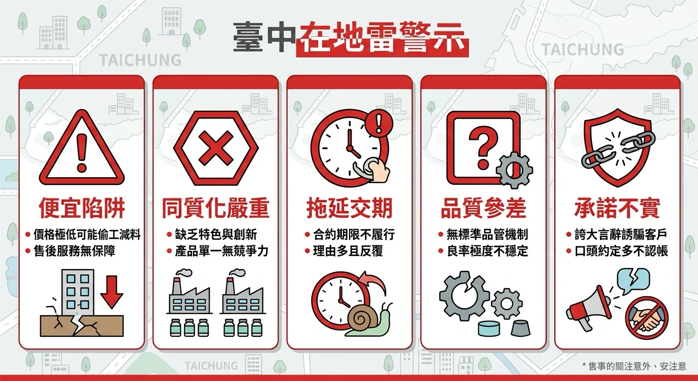 5 個台中在地雷的警示圖，以紅色警告符號搭配短文字說明