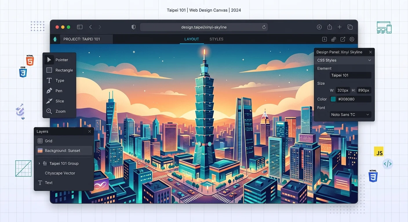 台北市地標建築（101、信義區天際線）結合網頁設計元素（瀏覽器框、設計工具）的插畫