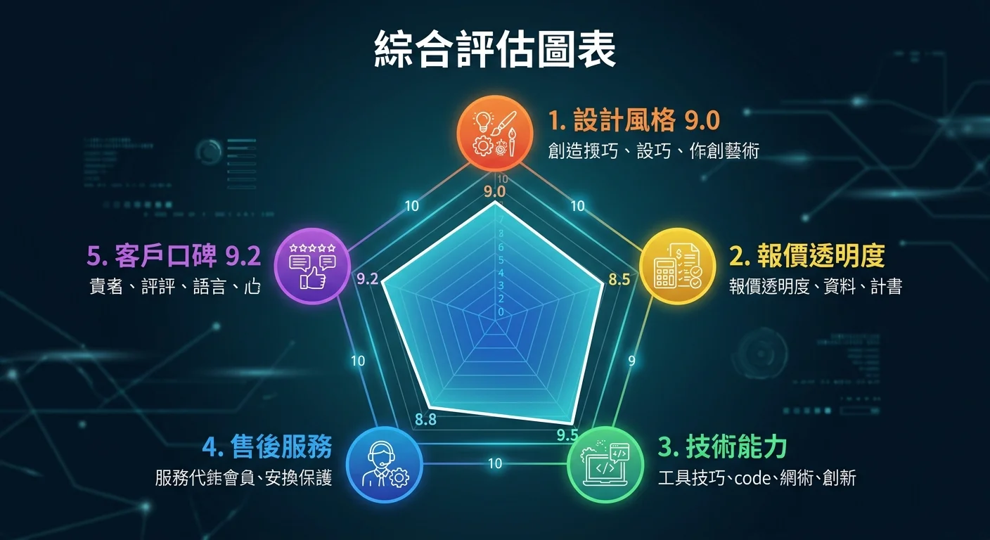 五角星評估圖，五個端點分別是設計風格、報價透明度、技術能力、售後服務、客戶口碑