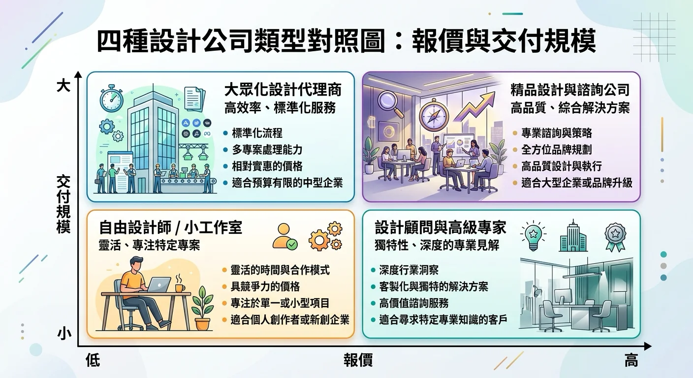 4 種設計公司類型對照圖,橫軸為「報價」、縱軸為「交付規模」,四象限分別放置 4 類公司
