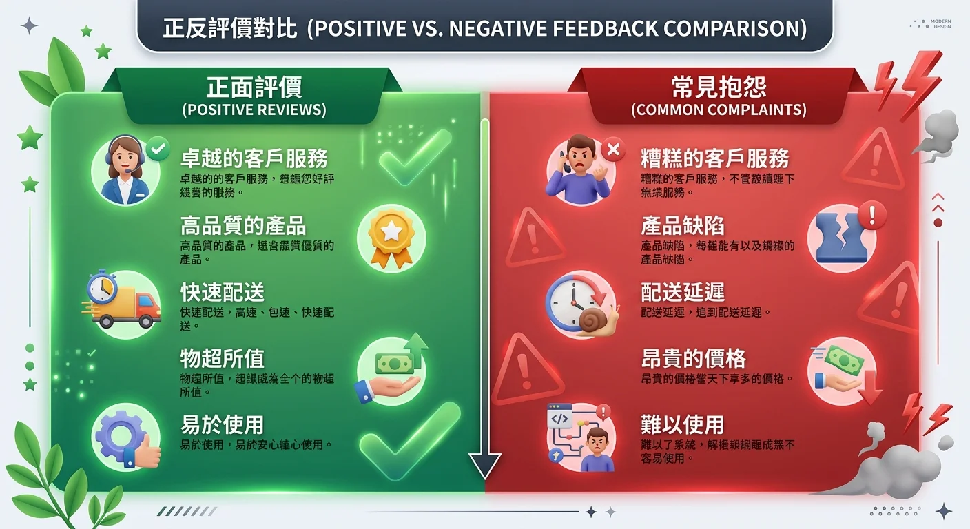 正反評價對比圖，左邊綠色區域列出正面評價要點，右邊紅色區域列出常見抱怨