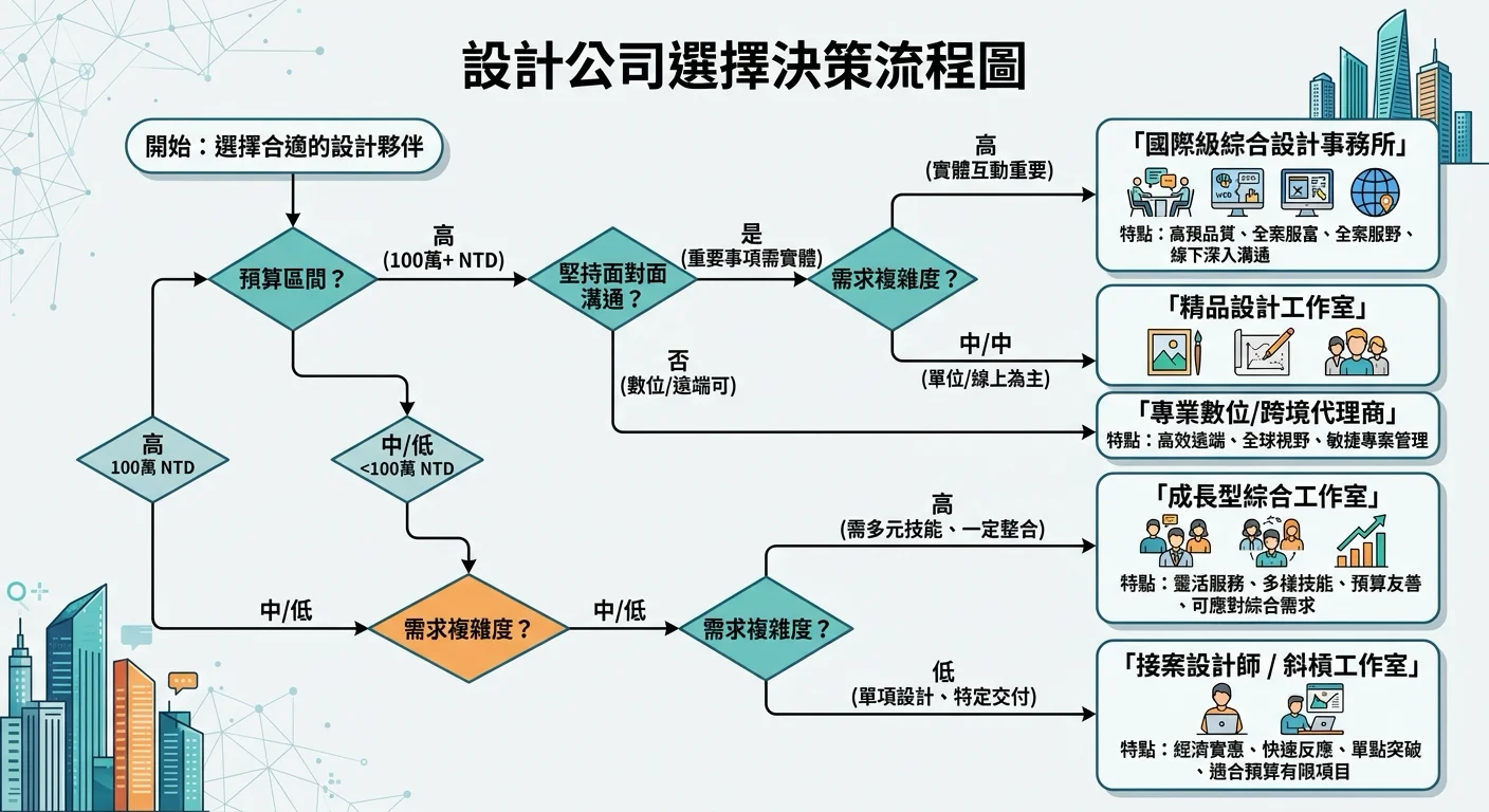 決策流程圖——從預算區間、是否堅持面對面、需求複雜度三個分岔點,導向 4 種設計公司類型