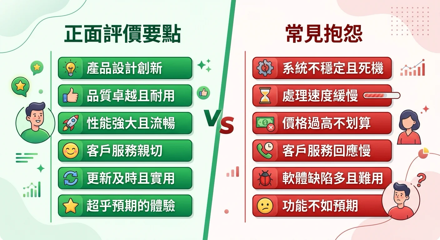 正反評價對比圖,左邊綠色區域列出正面評價要點,右邊紅色區域列出常見抱怨