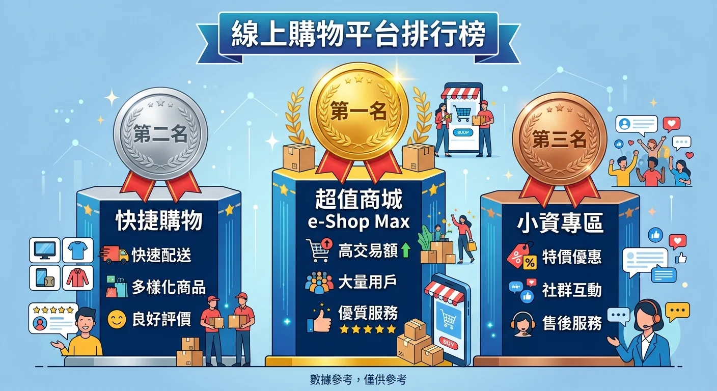 台灣 10 大電商平台排名榜單，以獎牌 / 排行榜形式呈現，第 1 名 WordPress WooCommerce 以金色標示，後續平台依序排列