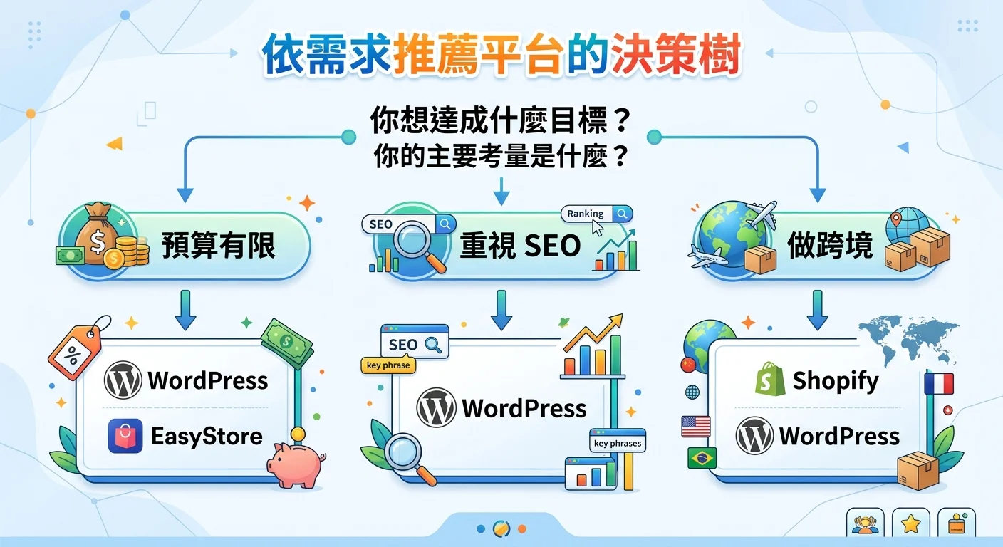 依需求推薦平台的決策樹，三個分支：「預算有限」→ WordPress/EasyStore，「重視 SEO」→ WordPress，「做跨境」→ Shopify/WordPress