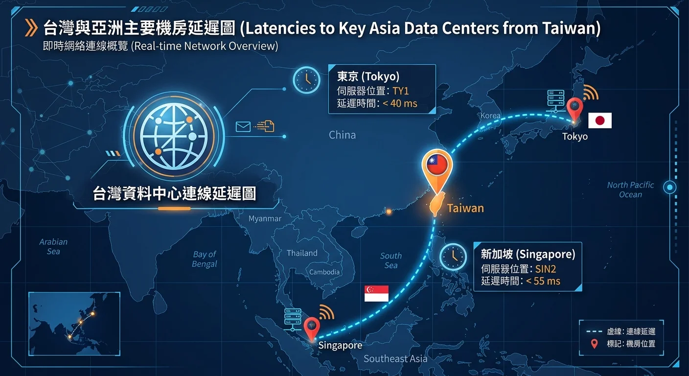 台灣地圖搭配亞洲機房位置圖，標示東京、新加坡、台灣的位置，用虛線標示從台灣到各機房的延遲時間