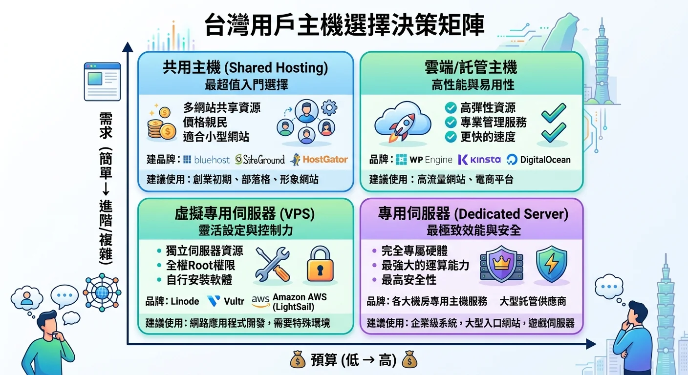 台灣用戶主機選擇決策矩陣，X軸為預算（低→高），Y軸為需求（簡單→複雜），四個象限分別推薦不同主機方案