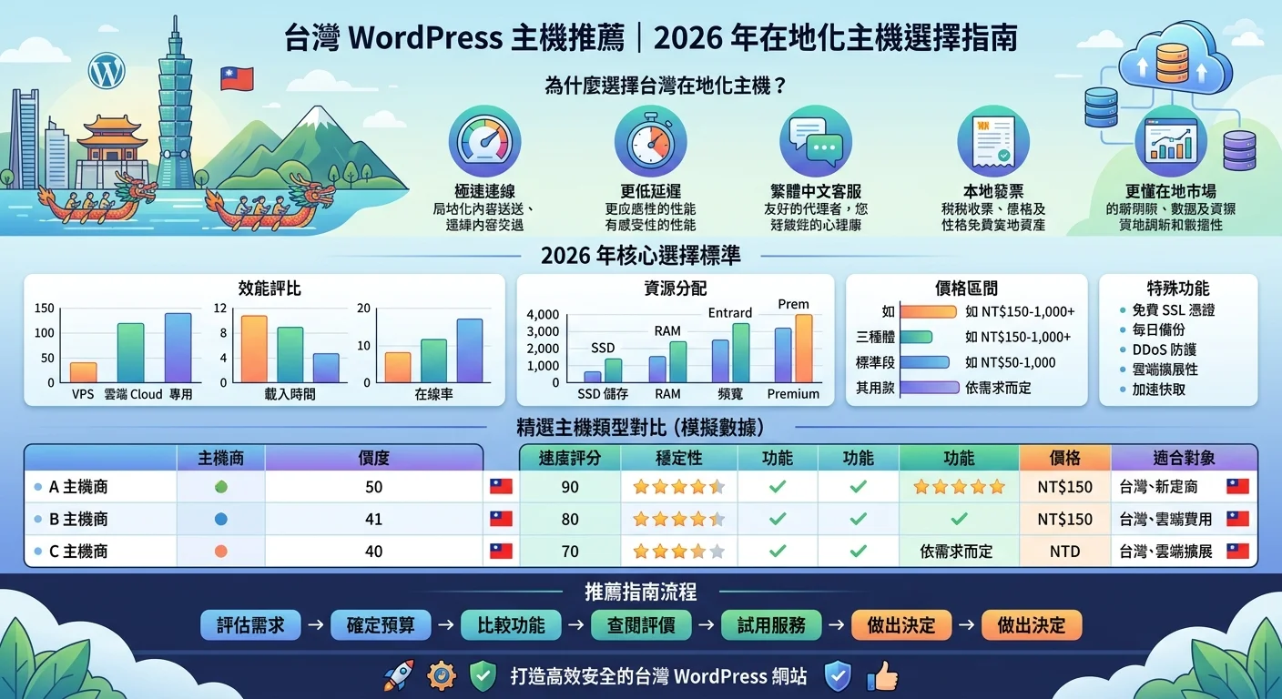 台灣 WordPress 主機推薦｜2026 年在地化主機選擇指南相關的視覺化資訊圖，展示核心概念與數據對比