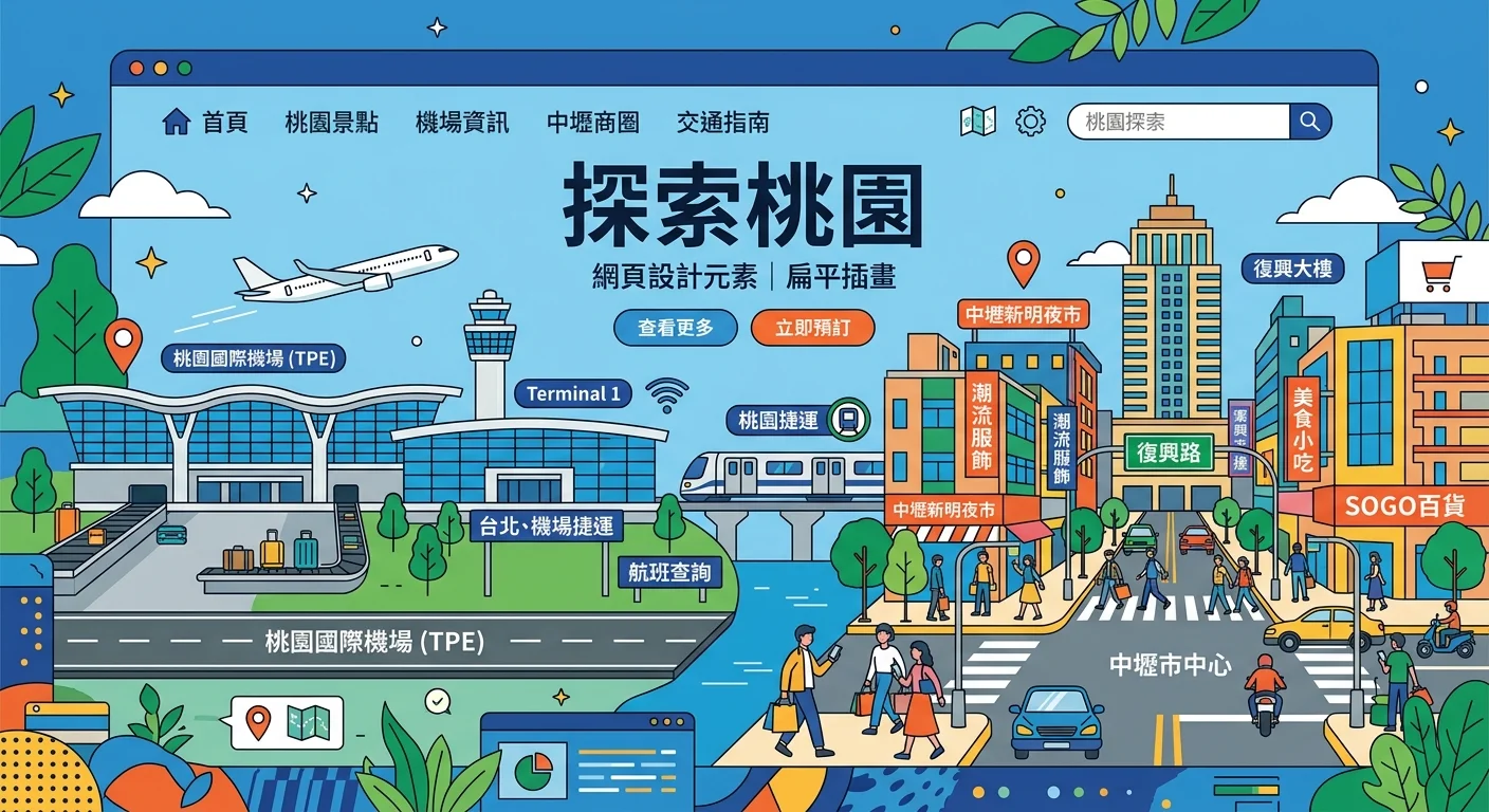桃園地標（桃園國際機場航廈、中壢商圈）結合網頁設計元素的扁平插畫