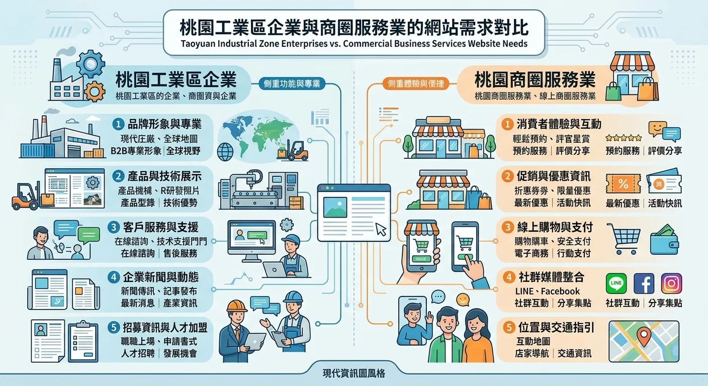 桃園工業區企業與商圈服務業的網站需求對比圖