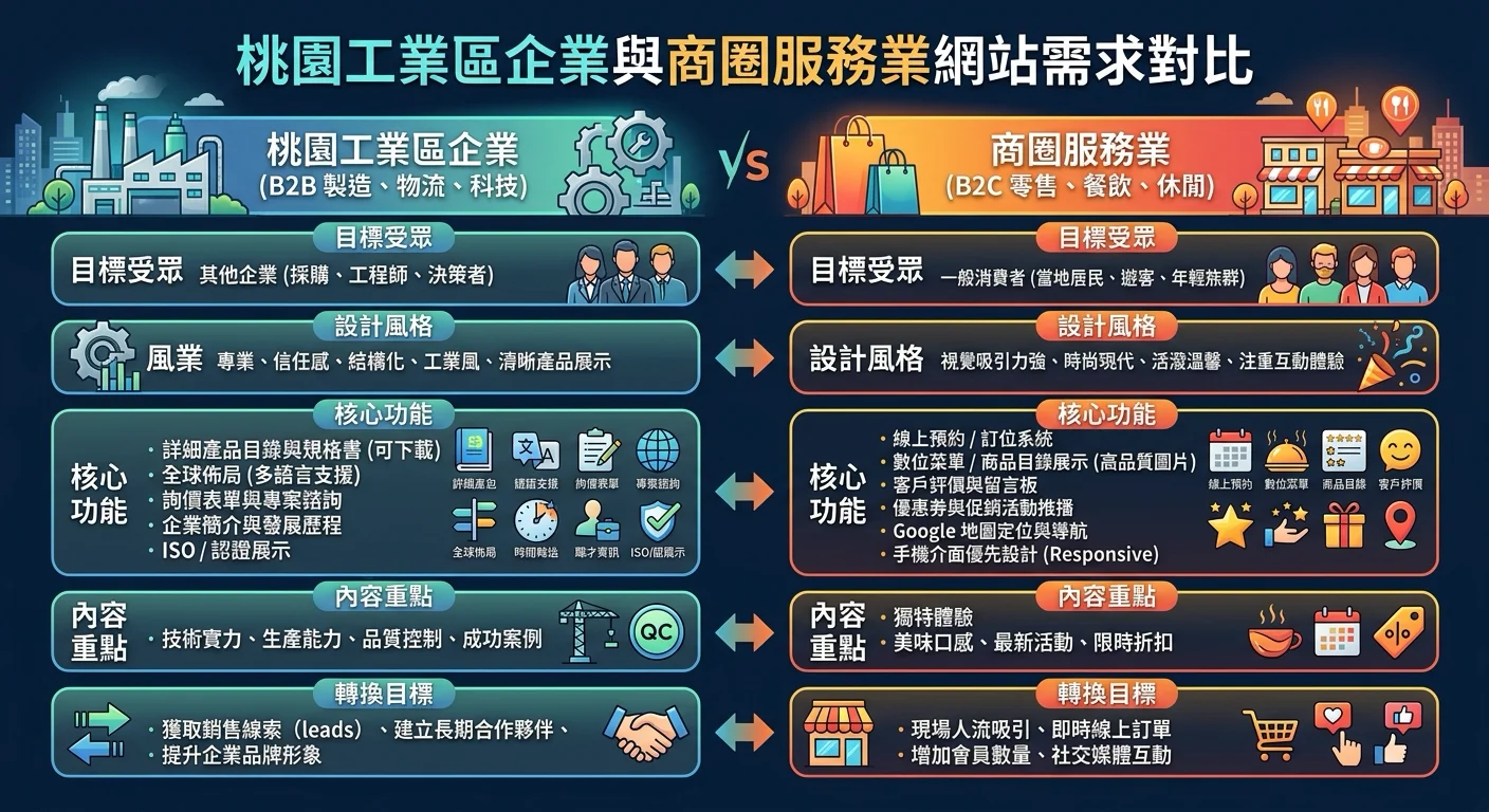 桃園工業區企業與商圈服務業的網站需求對比圖