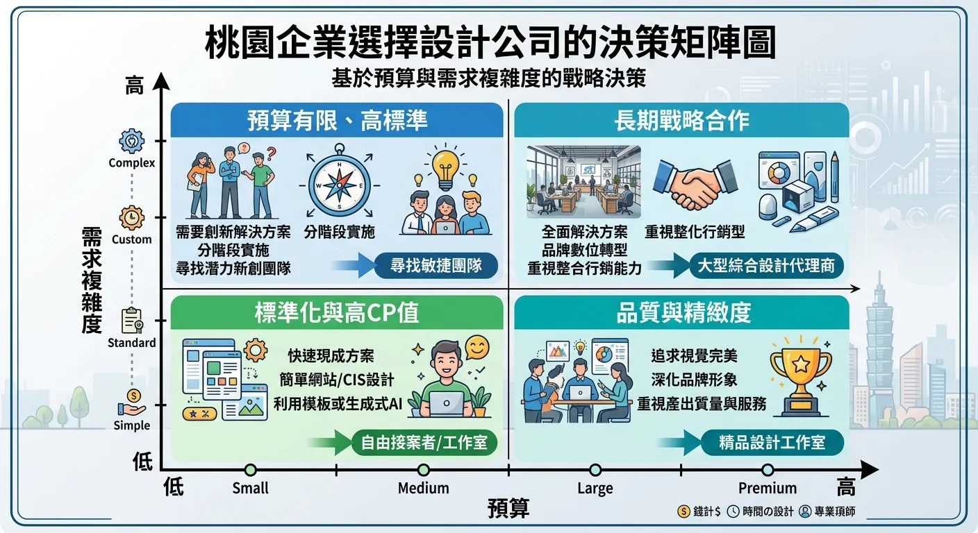 桃園企業選擇設計公司的決策矩陣圖，X軸是預算，Y軸是需求複雜度