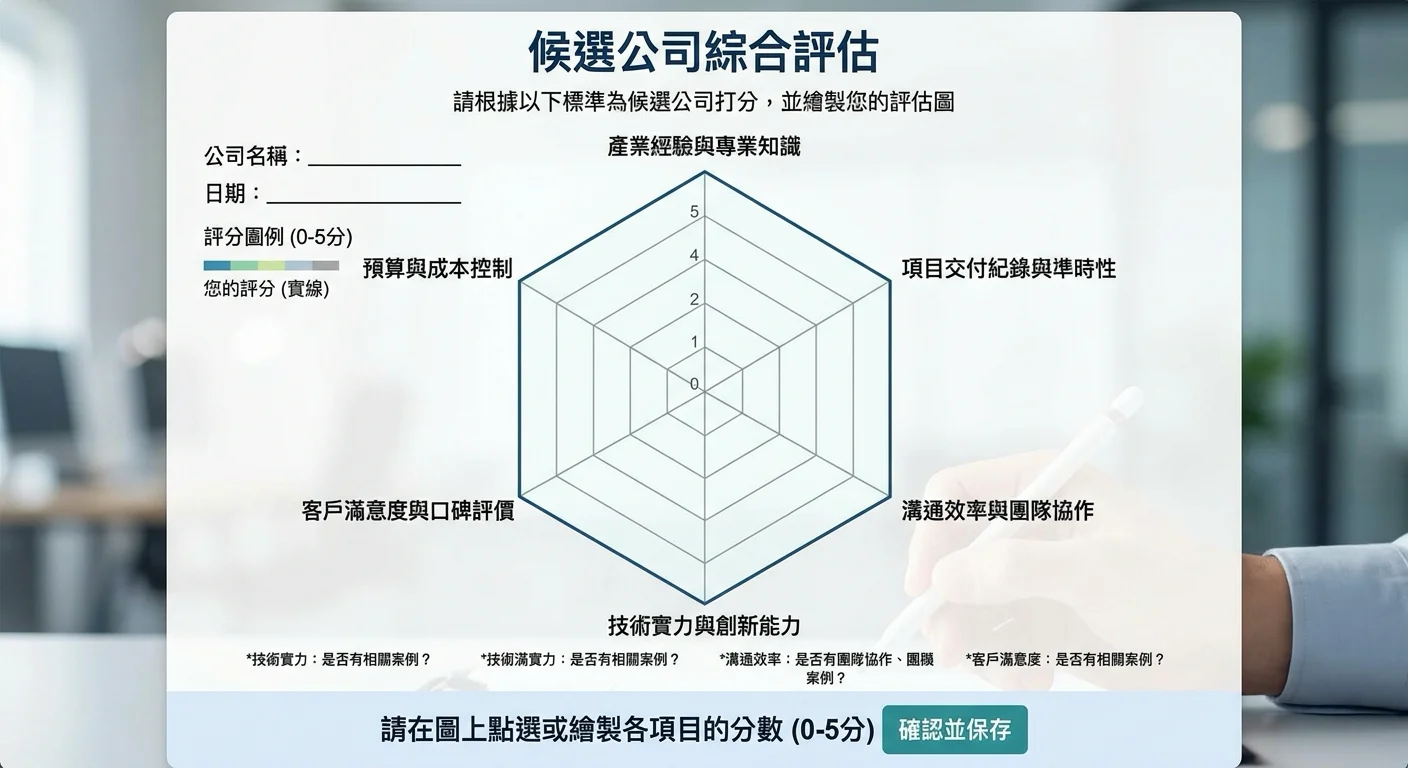 六角形雷達圖，六個端點為 6 個評估問題，讀者可自行幫候選公司打分