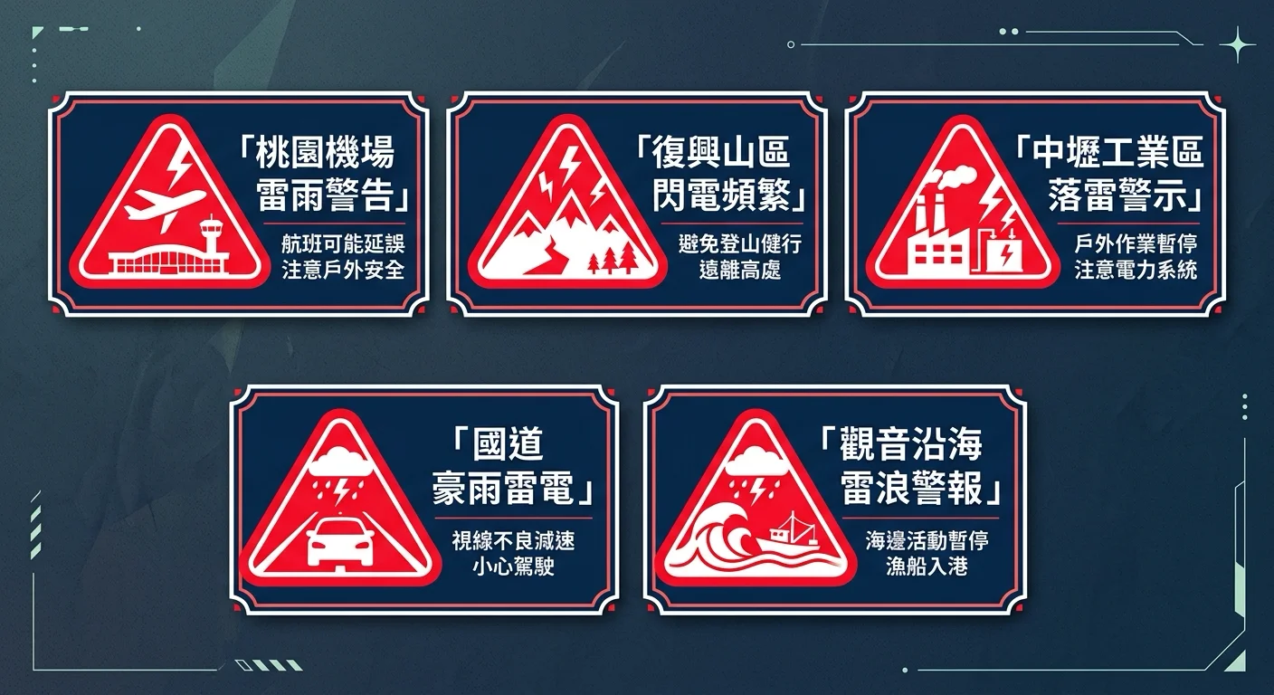 5 個桃園在地雷的警示圖，以紅色警告符號搭配短文字說明