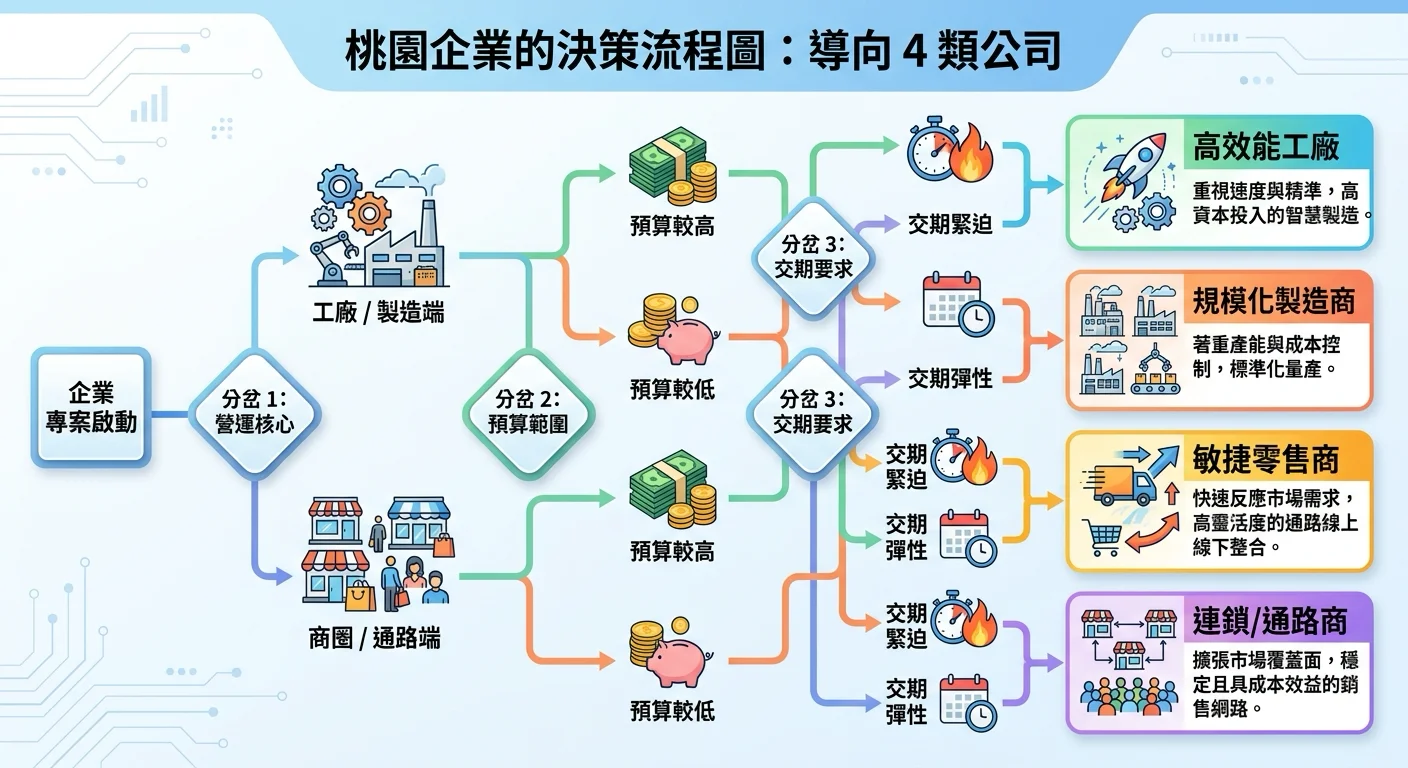 桃園企業的決策流程圖——從「工廠 or 商圈」、預算、交期三個分岔，導向 4 類公司