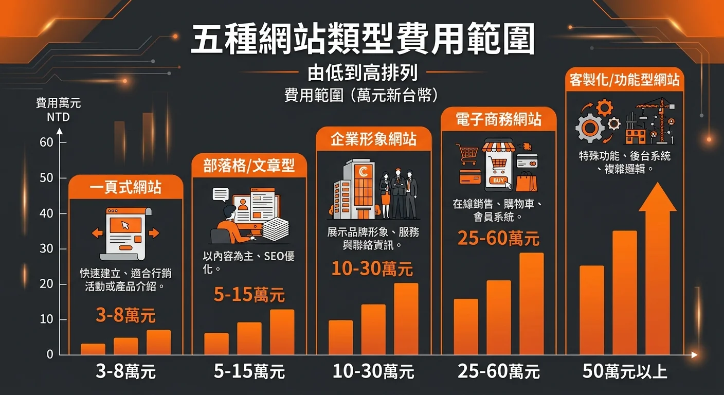 一張資訊圖展示五種網站類型（形象、電商、一頁式、部落格、客製化）的費用範圍長條圖，從低到高排列，配色使用品牌橙與深灰
