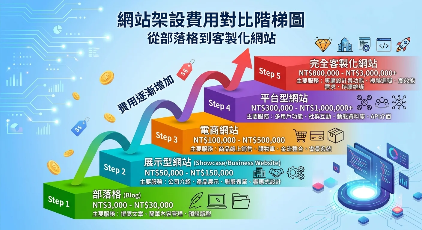 五種網站類型的費用對比階梯圖，從最便宜的部落格到最貴的客製化網站，每階標示價格範圍與主要服務內容