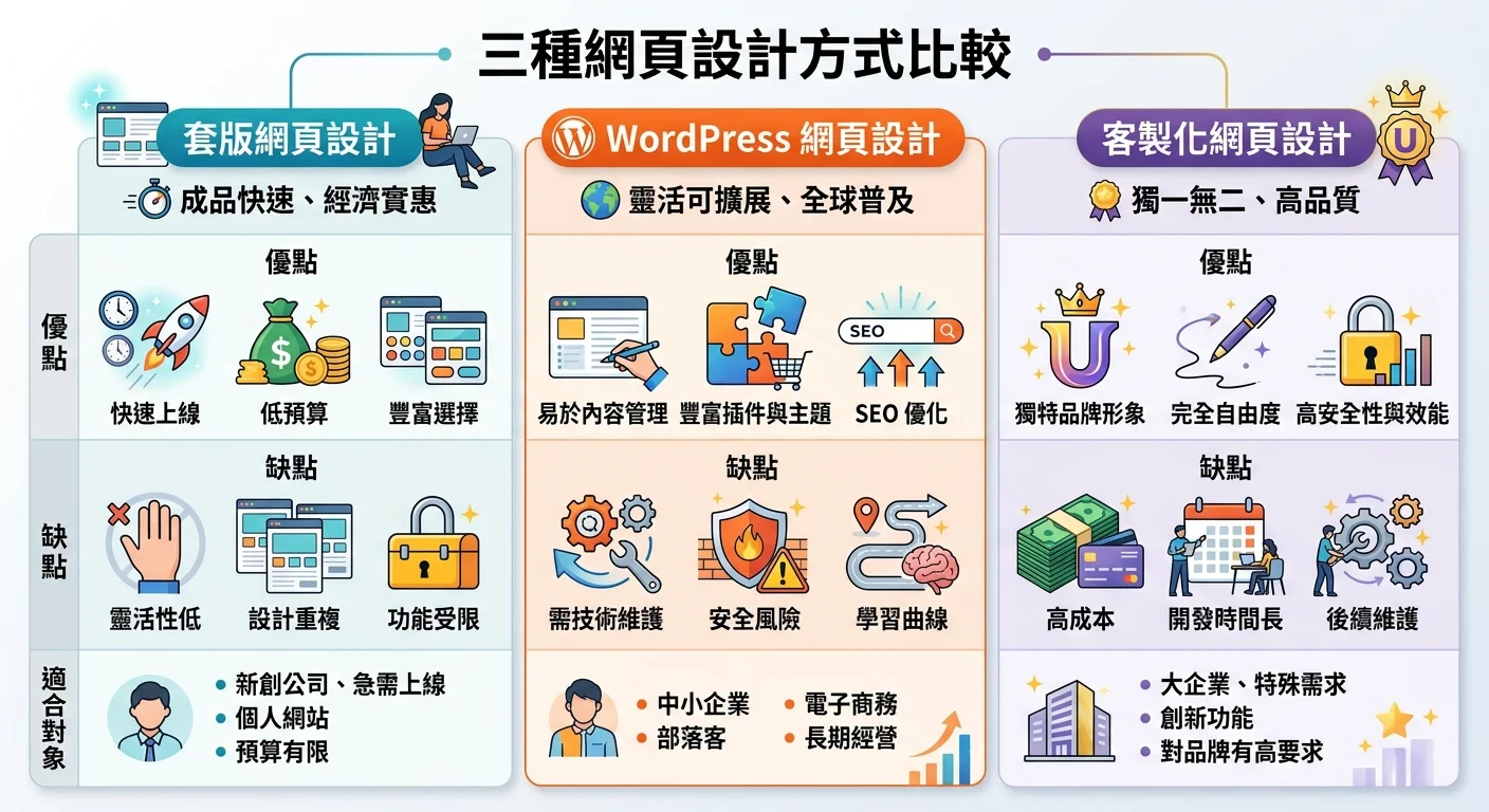 三種網頁設計方式的比較表格圖，左邊套版、中間 WordPress、右邊客製化，各列出優缺點和適合對象，WordPress 區塊以品牌橙色強調