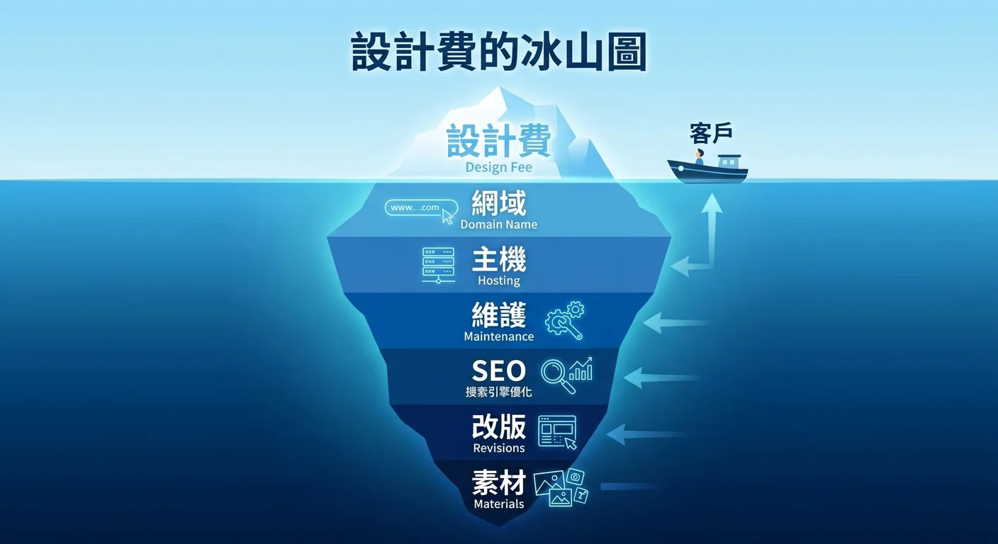 冰山圖，水面上是「設計費」，水面下是各種隱藏成本（網域、主機、維護、SEO、改版、素材），用不同深淺的藍色區分各項費用