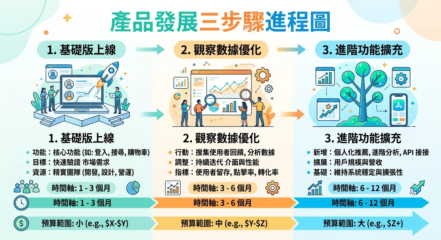 三步驟進程圖，從「基礎版上線」到「觀察數據優化」到「進階功能擴充」，每步驟標示對應預算範圍和時間軸