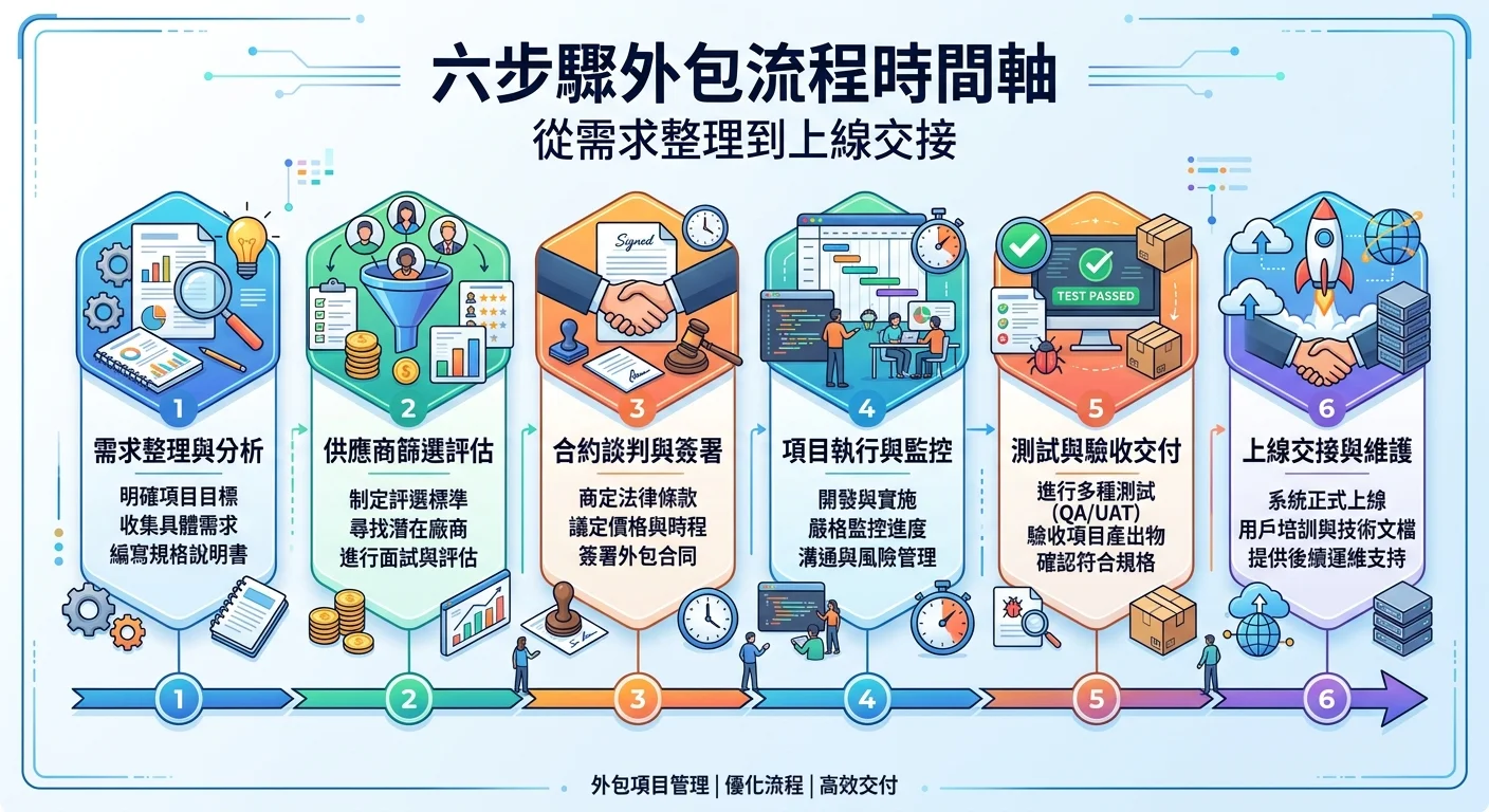 外包流程的六步驟時間軸圖，從需求整理到上線交接