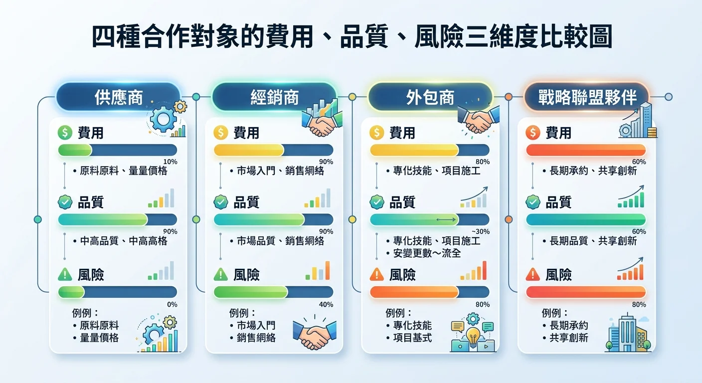 四種合作對象的費用、品質、風險三維度比較圖