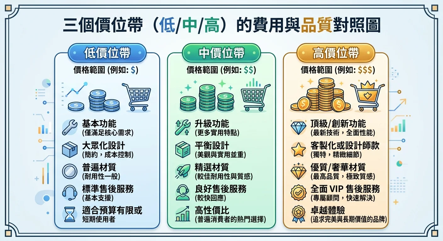 三個價位帶（低/中/高）的費用與品質對照圖，每個帶標示價格範圍和你會得到什麼